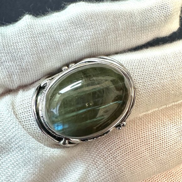 925 Sterling Silver Green Labradorite Statement Ring - Size 8.25 - Picture 8 of 11